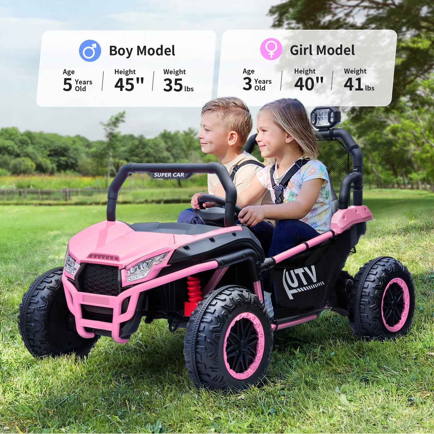 Outfunny 24V 10Ah Kids Ride on Toy, 4WD 2-Seater Electric Ride on Car UTV for Big Kids w/ Remote, Bluetooth - Pink