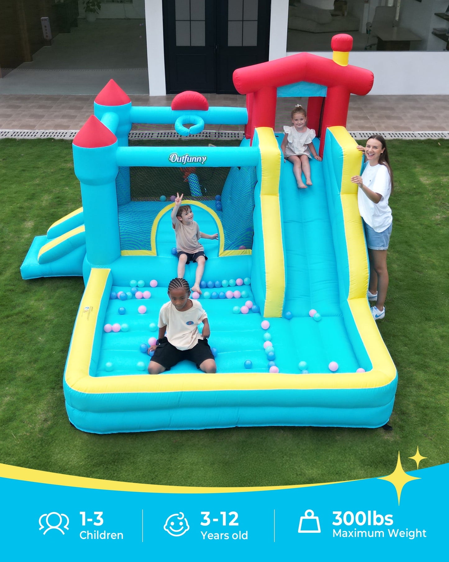 Outfunny Inflatable Bounce House, Indoor & Outdoor Bounce House for Big Kids with 450W Blower, Slide - Blue