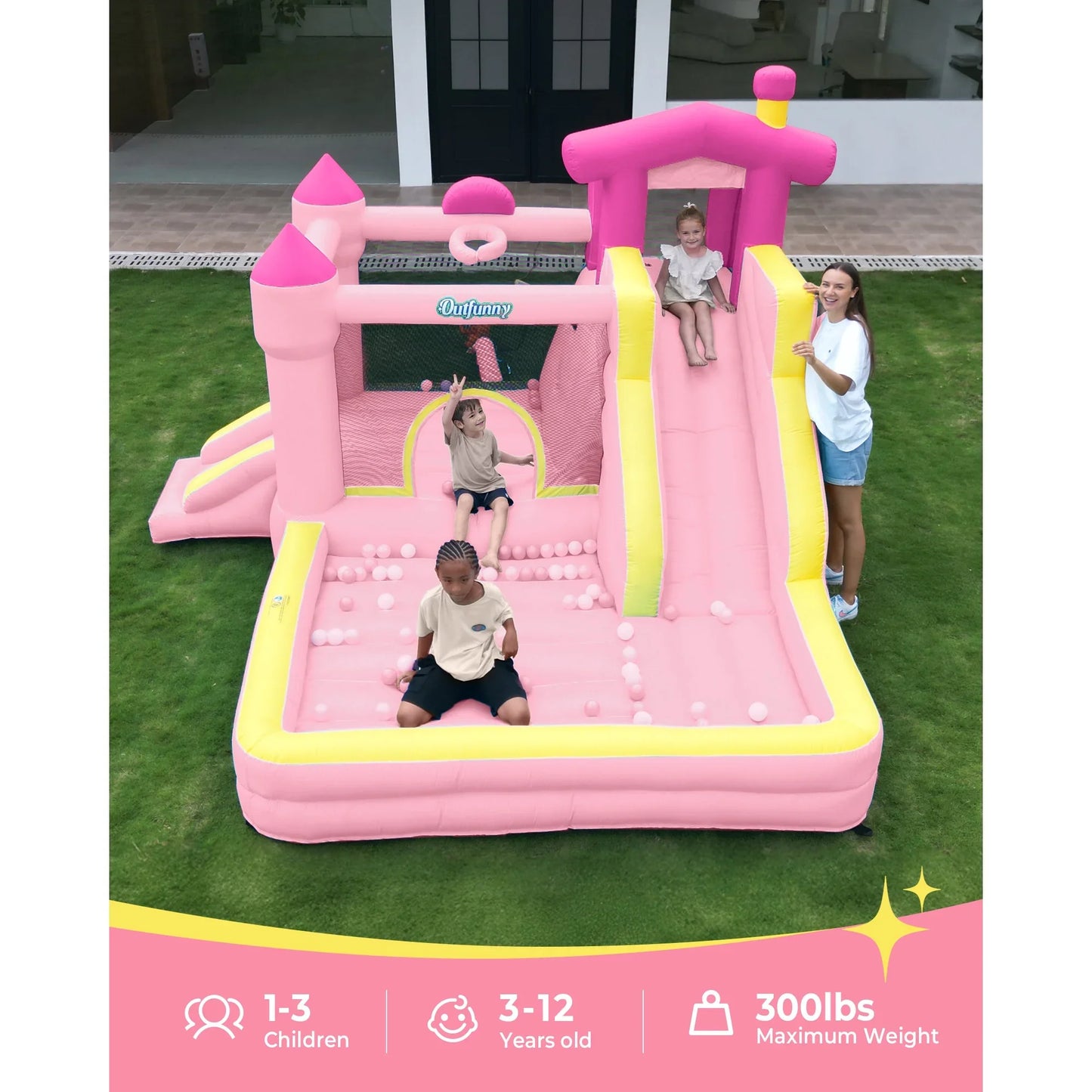 Outfunny Inflatable Bounce House, Indoor & Outdoor Bounce House for Big Kids with 450W Blower, Slide - Pink