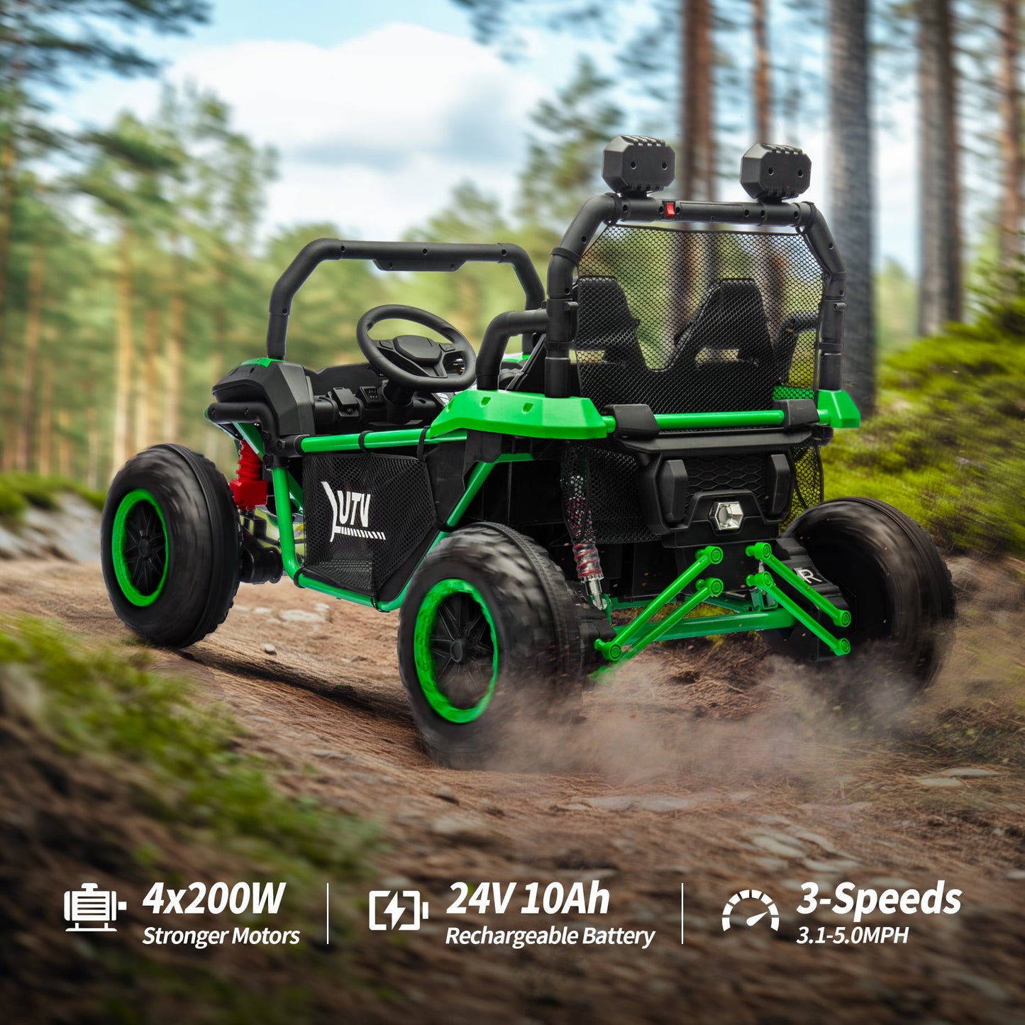Outfunny 24V 10Ah Kids Ride on Toy, 4WD 2-Seater Electric Ride on Car UTV for Big Kids w/ Remote, Bluetooth - Green
