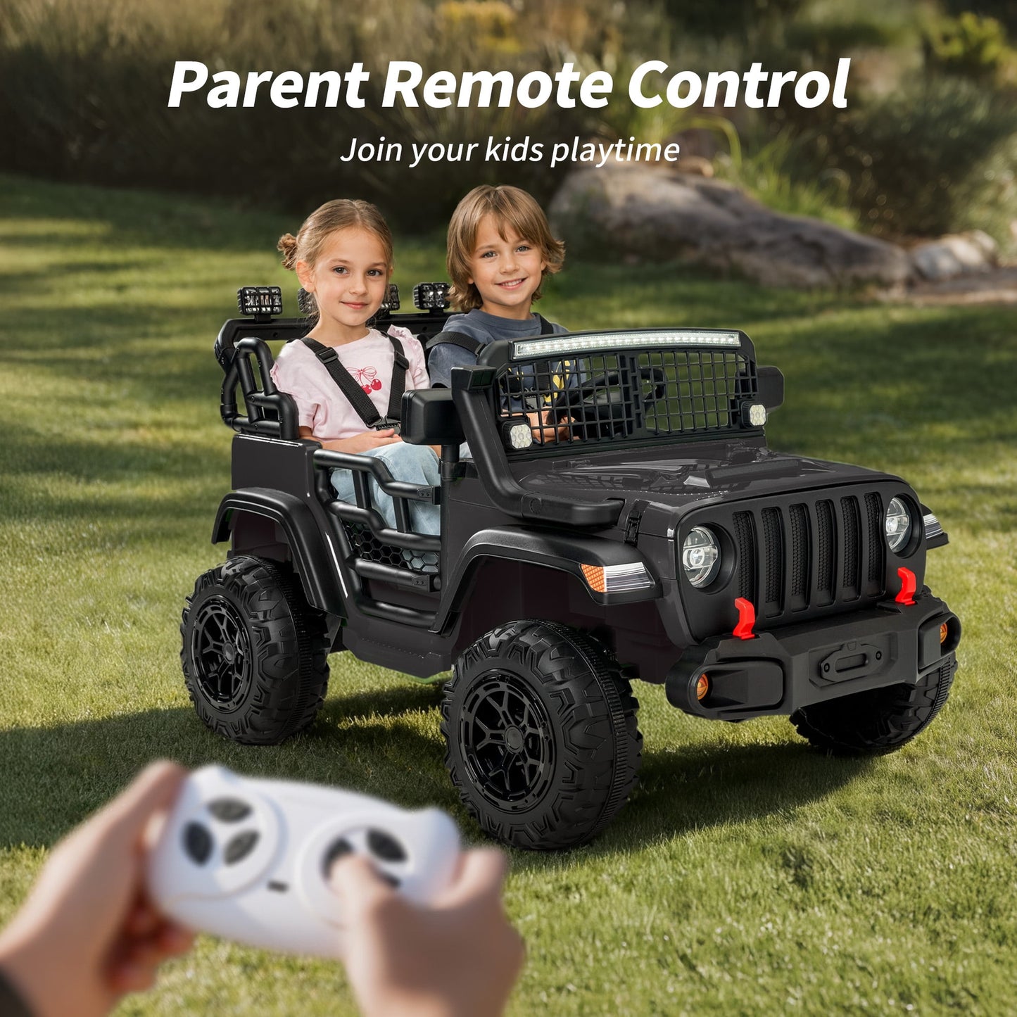 Outfunny 12V 7Ah Kids Ride on Truck, 2 Seater Electric Ride on Toys Car for Big Kids w/ Remote, Bluetooth - Black