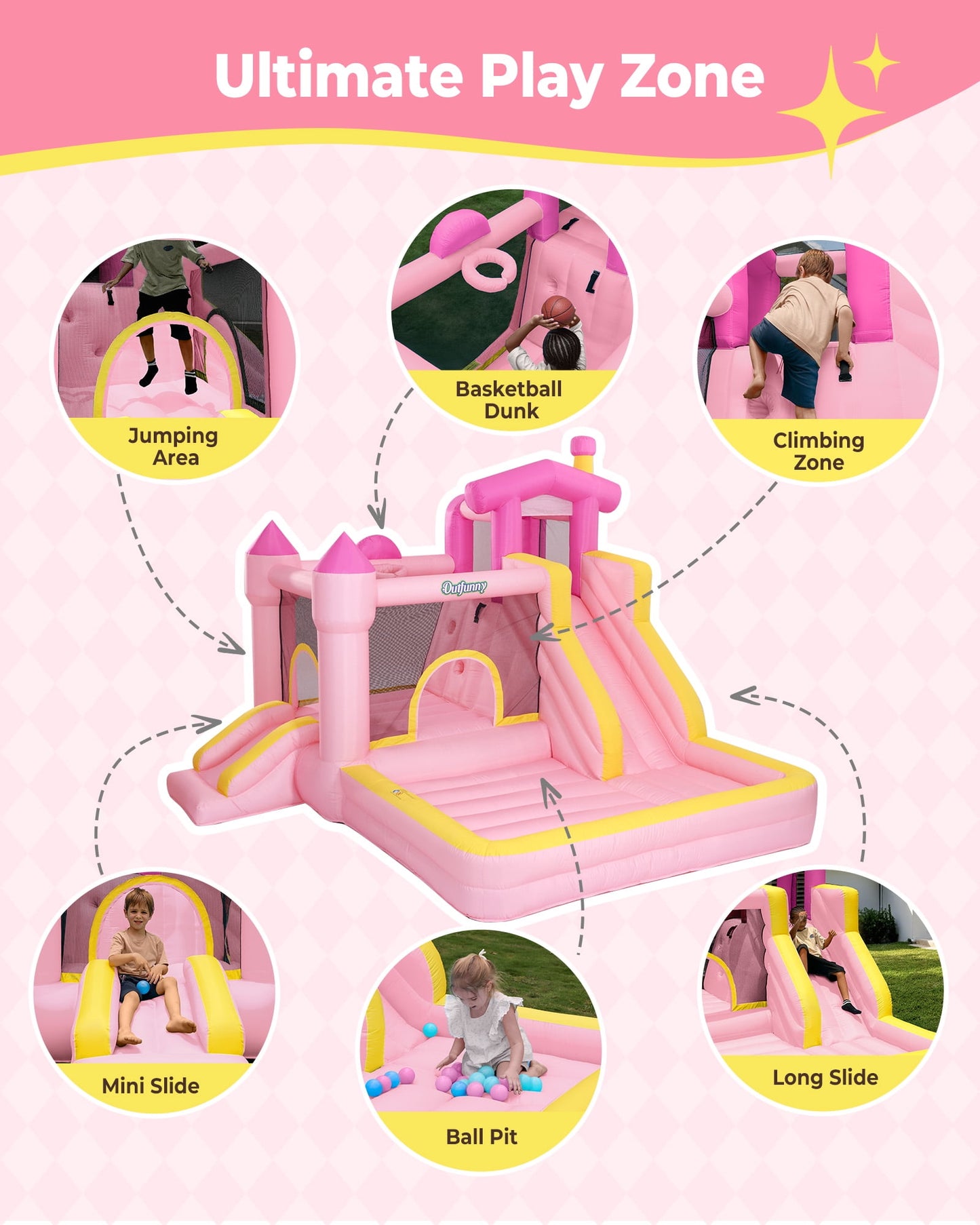 Outfunny Inflatable Bounce House, Indoor & Outdoor Bounce House for Big Kids with 450W Blower, Slide - Pink