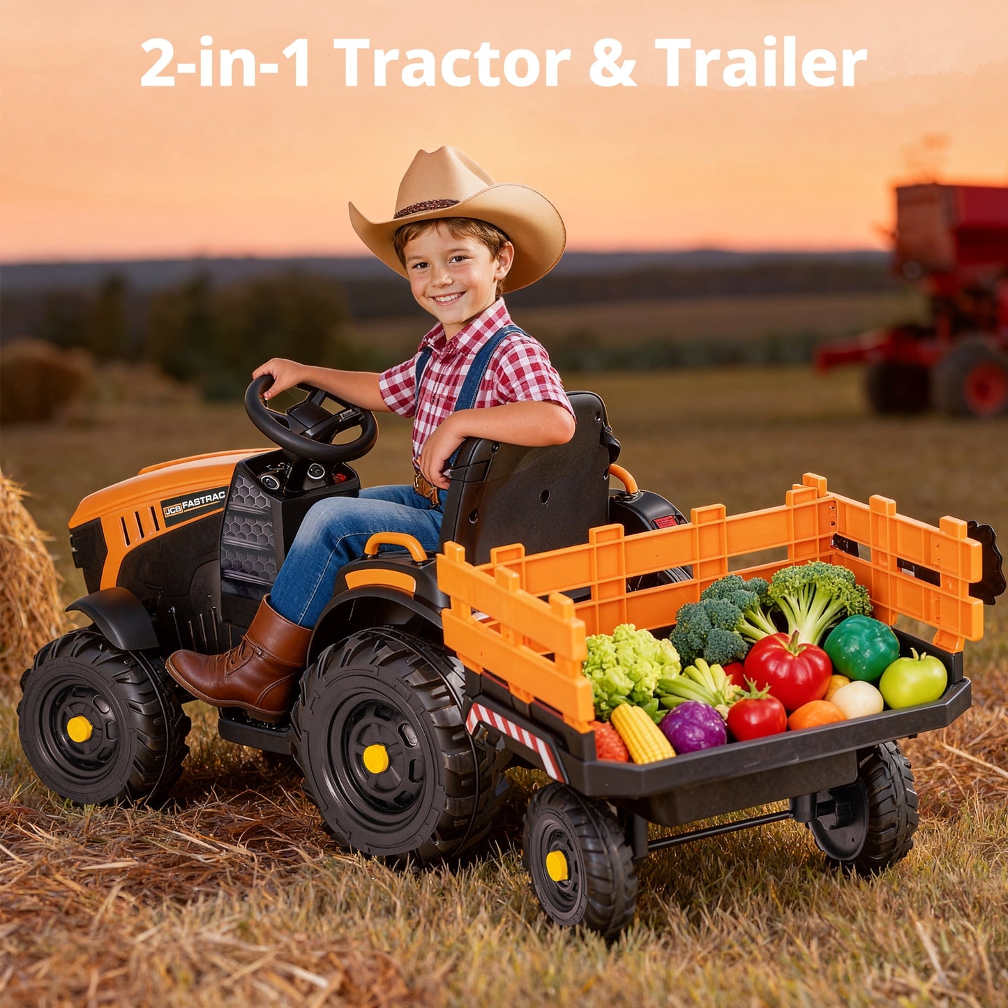 Licensed JCB Kids Ride on Tractor, 24 Volt Electric Ride on Car Toy for Big Kids Boys with Trailer & Remote - Yellow