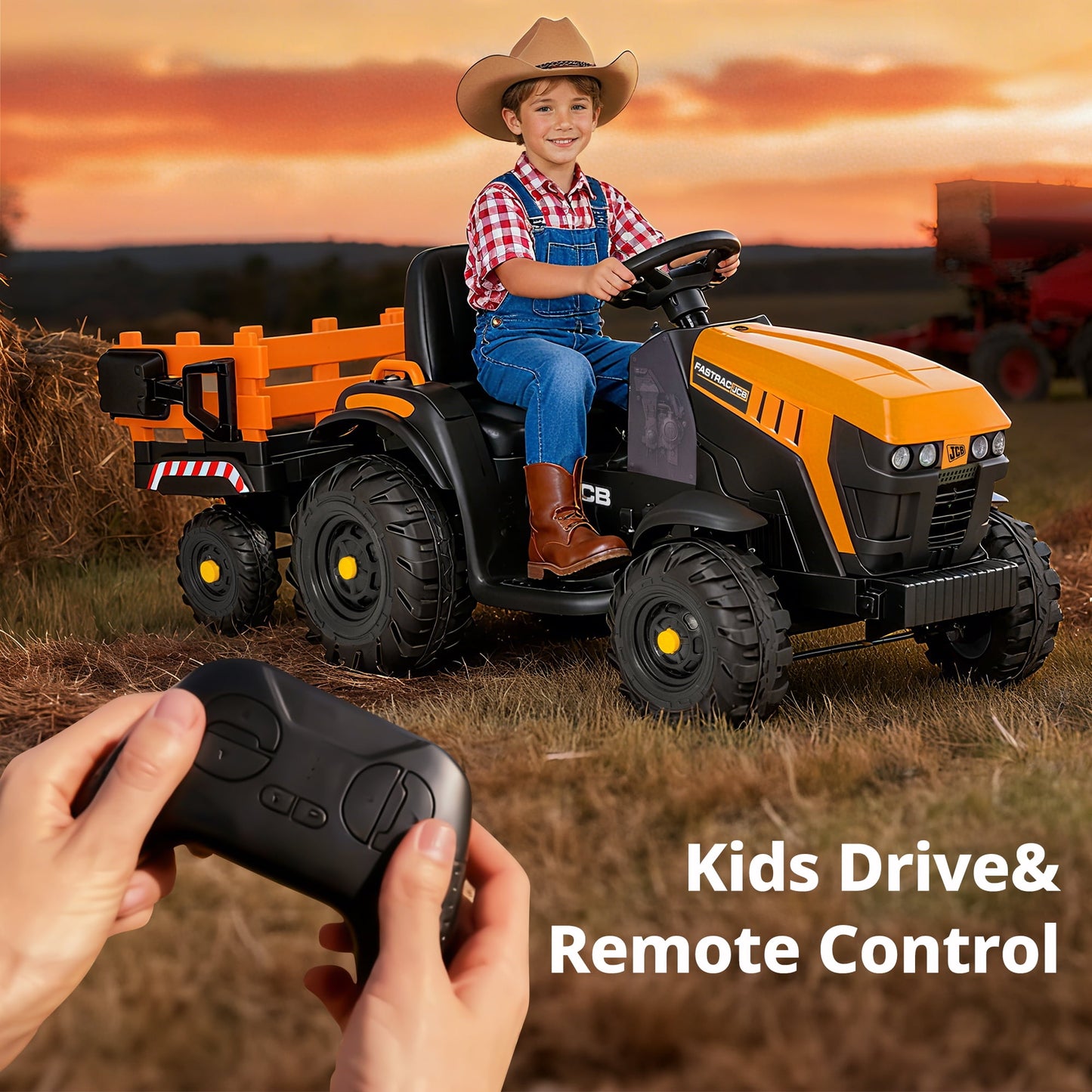 Licensed JCB Kids Ride on Tractor, 24 Volt Electric Ride on Car Toy for Big Kids Boys with Trailer & Remote - Yellow